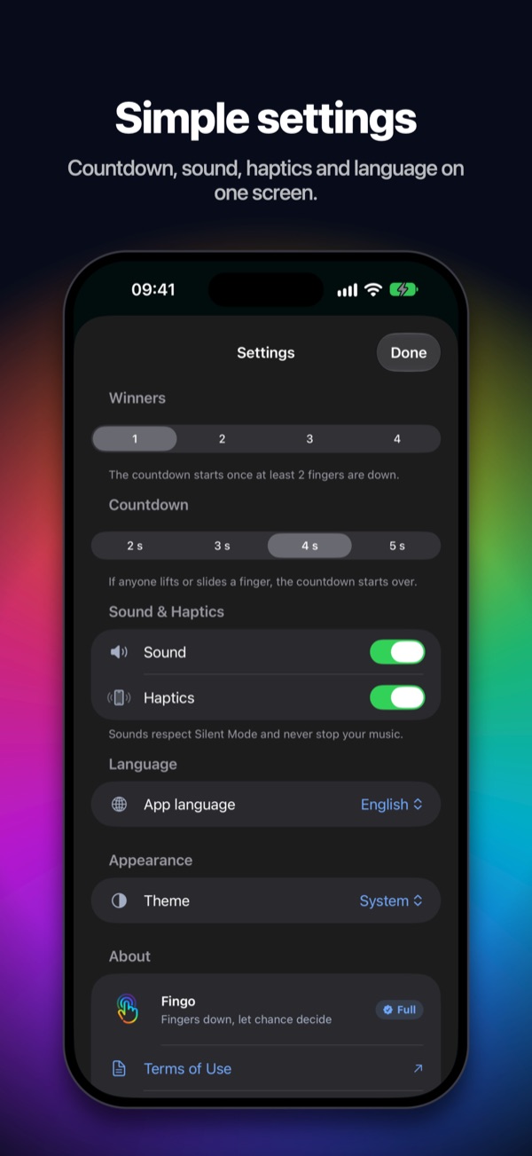 Simple settings โ Countdown, sound, haptics and language on one screen.